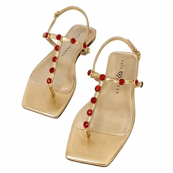 NIB Katy Perry The Camie Gemstone Sandal 5.5 Gold Red Jewels Square Toe Flat - Picture 6 of 11